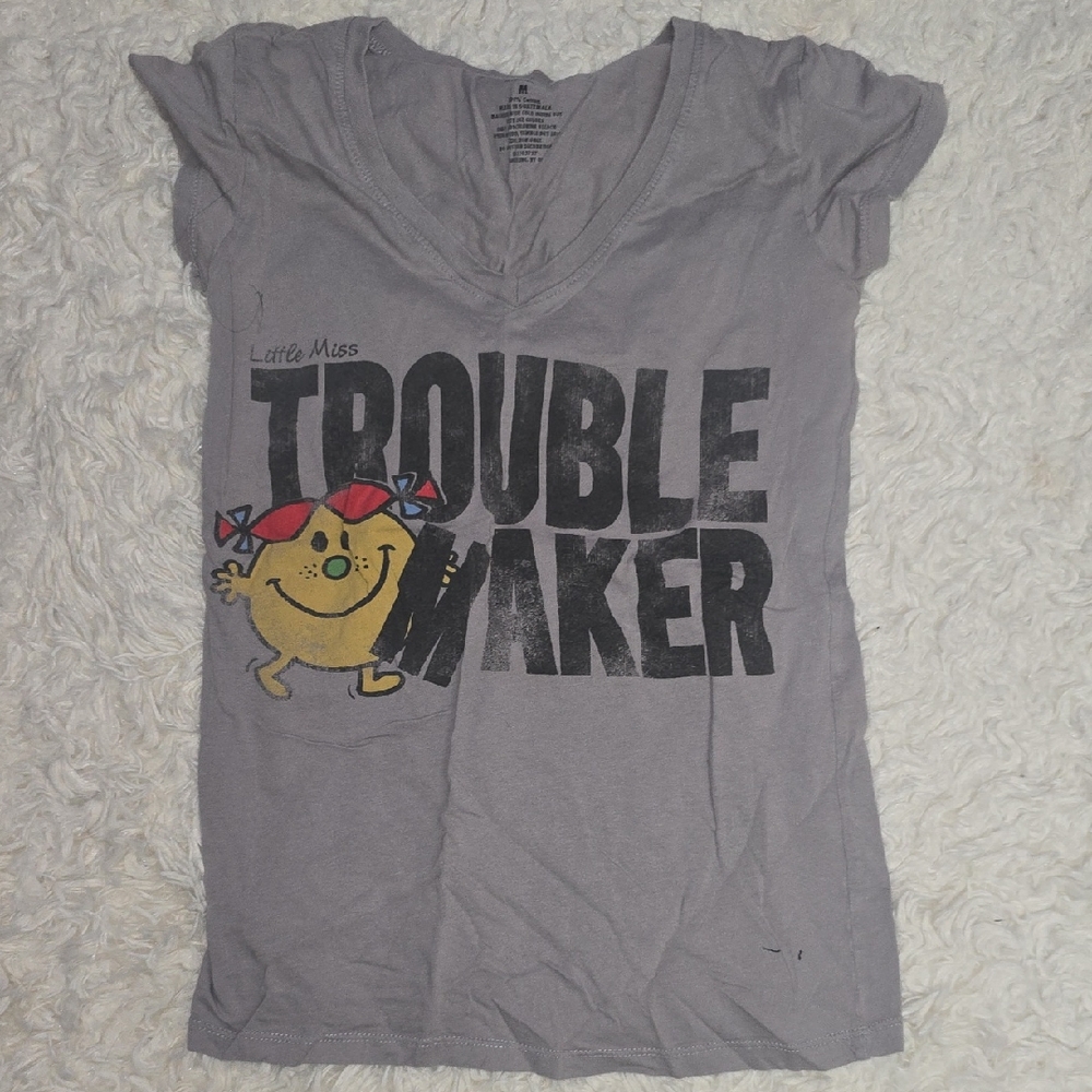 Little Miss Trouble Maker Graphic V-Neck Tee - Gray